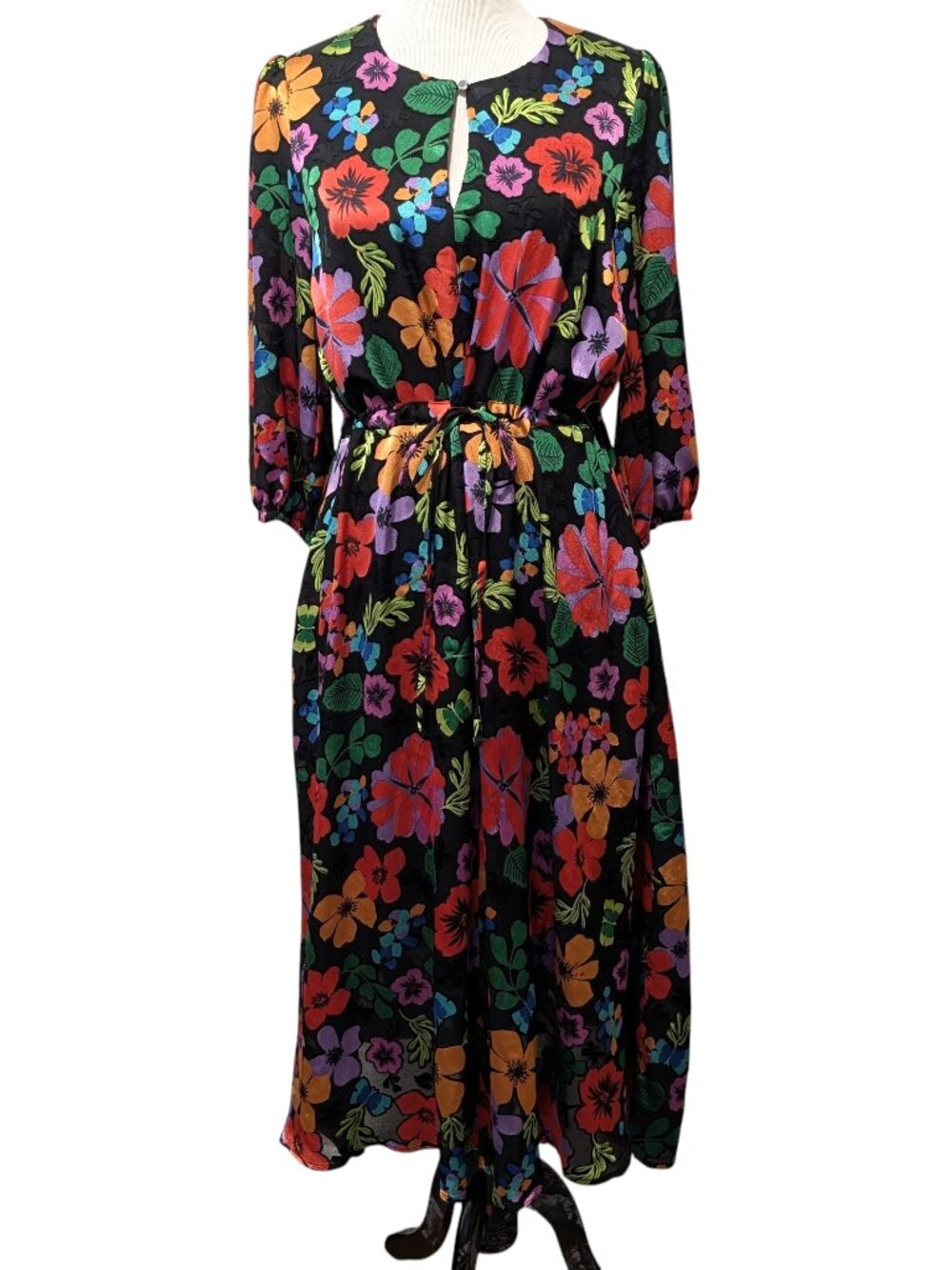 Saint + Sofia Womens Size 8 Black Colorful Floral Drawstring Waist Midi Dress